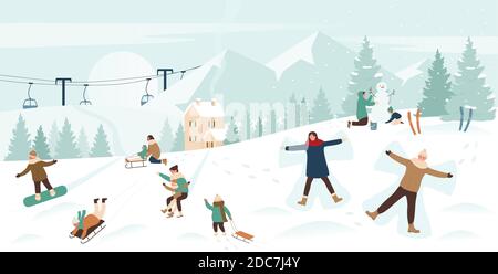 People enjoy winter sports on Christmas holidays in snow mountain landscape vector illustration. Cartoon family or friend characters snowboarding sledding downhill, making snowman xmas background Stock Vector