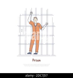 Prisoner behind bars, inmate in jail cell, sentenced man in orange jumpsuit, criminal imprisonment banner. Penitentiary, justice and punishment concep Stock Vector