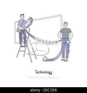 Technicians connecting wires and cables, smart TV technology, Internet television, widescreen monitor banner. Video hosting, streaming equipment conce Stock Vector