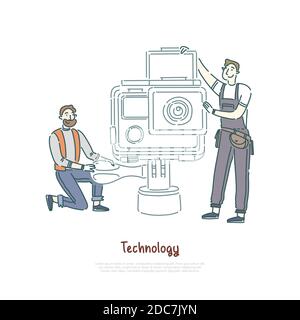 Technicians working with tools, lens changing, photography equipment maintenance service, repair shop banner. People fixing professional camera concep Stock Vector