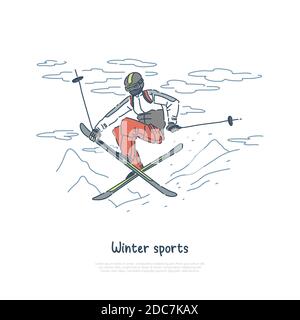 Skier in sportswear, jumper training for tournament, extreme leisure, outdoor activity , ski jumping banner. Winter sport event, skiing competition co Stock Vector