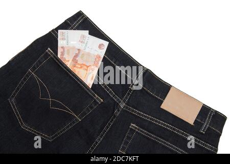 jeans with Russian banknote in your pocket, on a white background Stock Photo