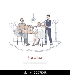 Couple dating in restaurant, boyfriend and girlfriend having dinner in cafe, ordering food, colleagues on break banner. Coffee shop worker, waiter con Stock Vector