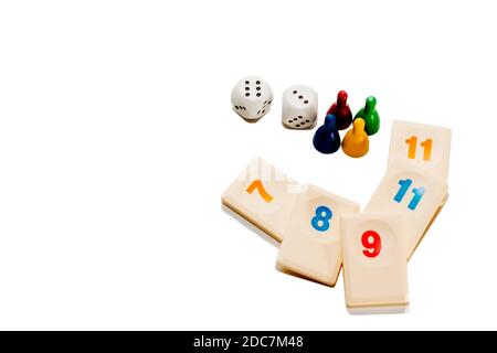 board game play figures and double dices isolated on white background Stock Photo