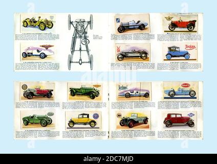 'History of the Motor Car' collector's cards in album (Full set of 50, 1968, each card 69mm x 37mm scanned actual size) issued by Brooke Bond Tea Stock Photo