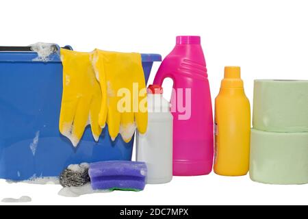 Cleaning items in bucket isolated on white background. Stock Photo