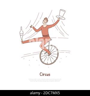 Circus performer, actor in carnival costume showing tricks, juggler, acrobat balancing, riding unicycle banner. Performance, entertainment industry co Stock Vector