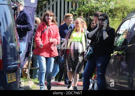 Coronation street cast Sam Aston and Gemini Winter filming   cable car scenes  at Happy Valley  Great Orme Llandudno  North Wales Credit: Mike Clarke Stock Photo