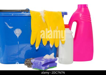 Cleaning items in bucket isolated on white background. Stock Photo