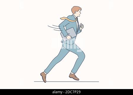 Business, rush, job, race, delay concept. Young motivated happy smiling businessman guy clerk manager cartoon character running with laptop. Participa Stock Vector