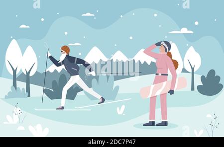 Winter sport healthy activity vector illustration. Cartoon active sportive man woman characters wearing sportswear skiing and snowboarding in snow Christmas landscape, happy vacation background Stock Vector