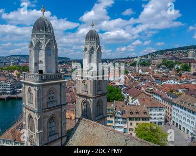 Grossmünster Zürich, is a Romanesque-style Protestant church in Zürich, Switzerland. It is one of the four major churches in the city. Stock Photo