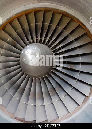 Detail of metal blades on a jet aircraft engine. Stock Photo