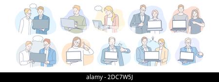 Businesspeople with laptops set concept. Team of business men and businesswomen clerks with laptops in office. Advertising promotion. Office teamwork, Stock Vector