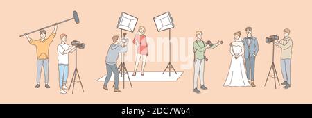 Photography and shooting, journalism set concept. Collection of group men and women, photo and videographers using cameras and video, taking pictures Stock Vector