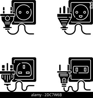 Power outlet types black glyph icons set on white space Stock Vector
