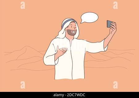Travelling, tourism, smartphone, arabia concept. Young happy smiling cheerful man guy muslim arab witn kandura making selfie on mobile phone in desert Stock Vector