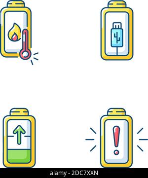Battery cable charging process RGB color icons set Stock Vector