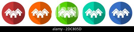 Home, house, real estate vector icon set, red, blue, green and orange flat design web buttons isolated on white, vector illustration Stock Vector