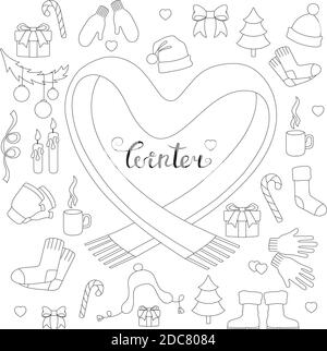 lettering winter and winter attributes. Winter doodle Stock Vector