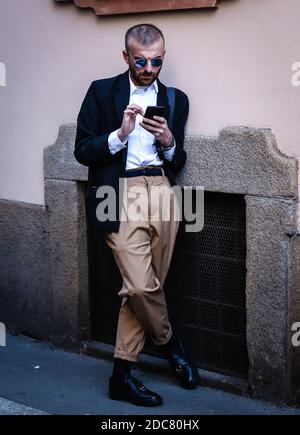 Milan, Italy - February 21, 2019: Street style – Fendi tights detail before  a fashion show during Milan Fashion Week - MFWFW19 Stock Photo - Alamy