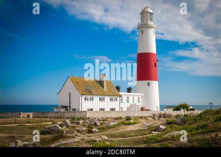Portland Bill Lighthouse in Dorset looks stunning on a sunny day and attracts tourists from all over the world. Stock Photo