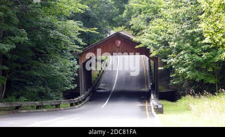 vintage wooden covered bridge through the park amidst trees and green in Michigan Stock Photo