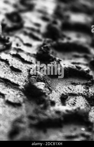 Black and white detail of car tire imprints in the mud. Tracks of off-road vehicles Stock Photo