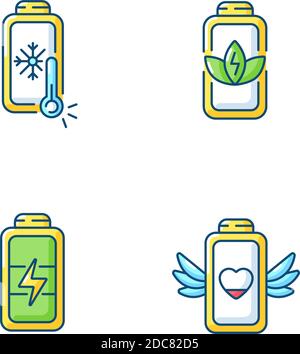Different battery modes RGB color icons set Stock Vector