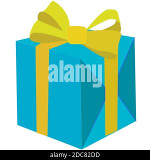 Vector illustration.Festive blue box with a yellow bow. Stock Vector