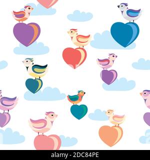 seamless pattern birds and heart in clouds. Stock Vector