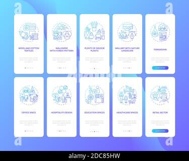 Biophilia blue gradient onboarding mobile app page screen with concepts set Stock Vector
