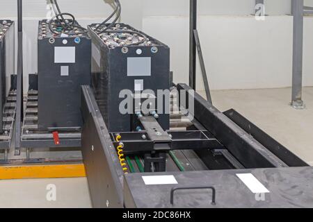Forklift Battery Cell at Industrial Chargin Station Stock Photo