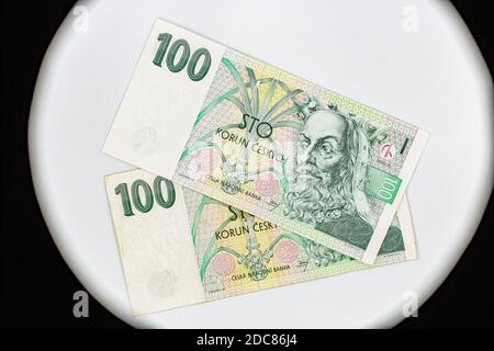 sight on banknotes of 100 Czech crowns closeup with Karl IV Luxembourg portrait Stock Photo