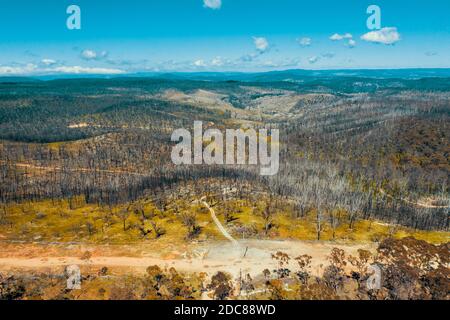 Aerial view of a dirt road running through a forest affected by bushfire in the Central Tablelands in regional New South Wales in Australia Stock Photo