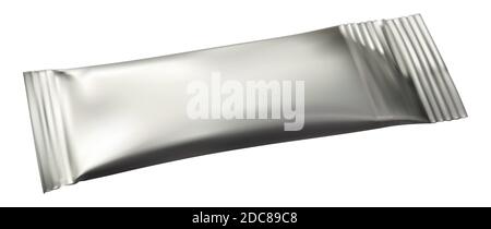 Silver foil blank packaging stick. Vector realistic mockup illustration isolated on white background, package for sugar and spices. Sachet for medicin Stock Vector