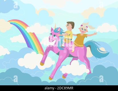 Children ride a unicorn in the clouds. Children illustration with rainbow in vector. Stock Vector