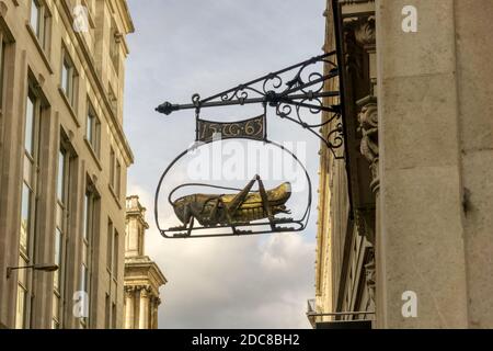 Grasshopper sign on Martins Bank, Lombard Street, City of London. Stock Photo