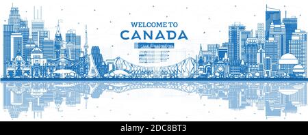 Outline Welcome to Canada City Skyline with Blue Buildings. Vector ...