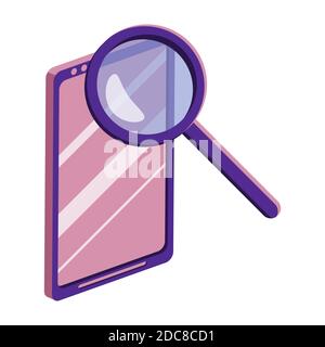 Smartphone and magnifying glass. Mobile technology, internet search, seeking for information, lost and found service, data research concept icon. Flat cartoon isolated vector illustration. Stock Vector