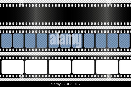 Cinema film strips, old movie reel frame, filmstrip roll. Vintage photo or  video camera tape template, blank negative films strips vector set. Retro  monochrome border isolated on transparent Stock Vector