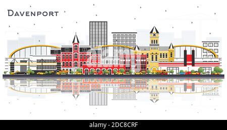 Davenport Iowa Skyline with Color Buildings and Reflections Isolated on White Background. Vector Illustration. Stock Vector