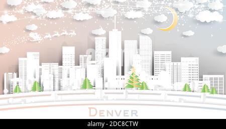 Denver Colorado USA City Skyline in Paper Cut Style with Snowflakes, Moon and Neon Garland. Vector Illustration. Christmas and New Year Concept. Stock Vector