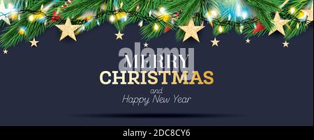 Fir Branches with Neon Lights and Gold Stars. Christmas Decoration with Colorful Twinkles. Garlands with Sparkle Stars on Transparent Background. Stock Vector