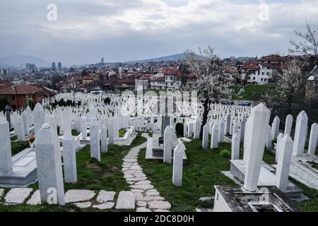 SARAJEVO, BOSNIA AND HERZEGOVINA - MARCH 16, 2016: White graves in Alifakovac Cemetery in a cloudy day. Stock Photo