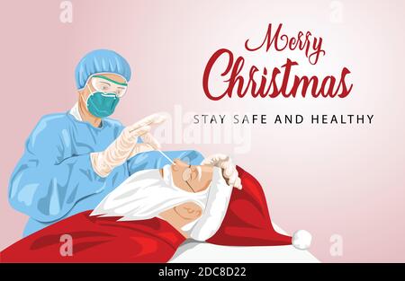 Merry Christmas greetings. Santa Claus doing swab test, covid-19 corona virus concept as a Christmas holiday season. vector illustration Stock Vector