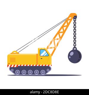 yellow construction vehicle for the demolition of the building. flat vector illustration. Stock Vector