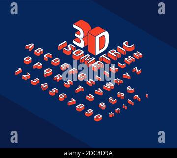 Vector trendy typeface with white and orange letters, numbers, punctuation, currency symbols in row on blue background. 3d isometric font, alphabet, geometric type. Digits typography elements, signs. Stock Vector