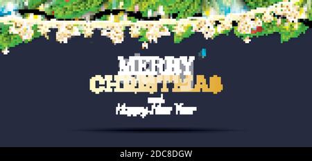 Fir Branches with Neon Lights and Golden Garland with Helicopters on Blue Background. Christmas Decoration with Colorful Twinkles. Merry Christmas. Stock Vector