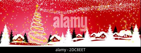 Christmas tree with lights and a star on a red winter background. Village houses covered with snow. Snowflakes, snow, forest. Winter snowy night on Ch Stock Vector